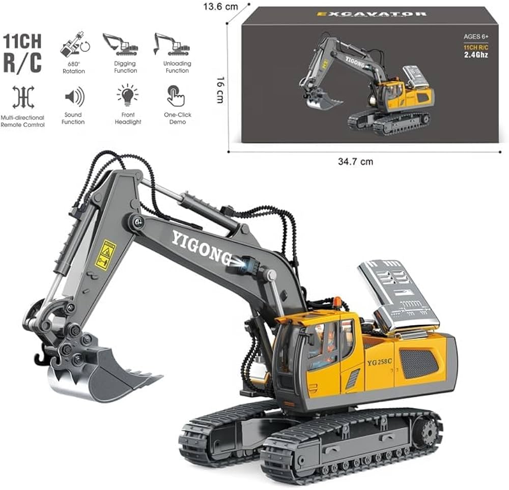 RC JCB Toy Excavator 11-Channel Metal Remote Control Construction Vehicle with Lights, Sounds & 680° Rotation Yellow Digger Truck