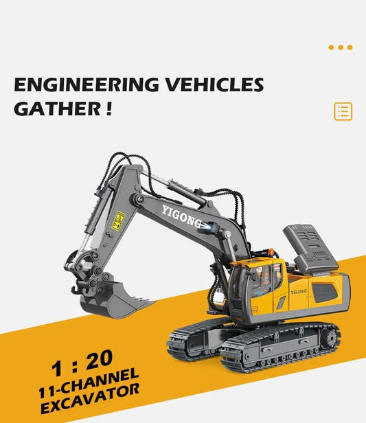 RC JCB Toy Excavator 11-Channel Metal Remote Control Construction Vehicle with Lights, Sounds & 680° Rotation Yellow Digger Truck
