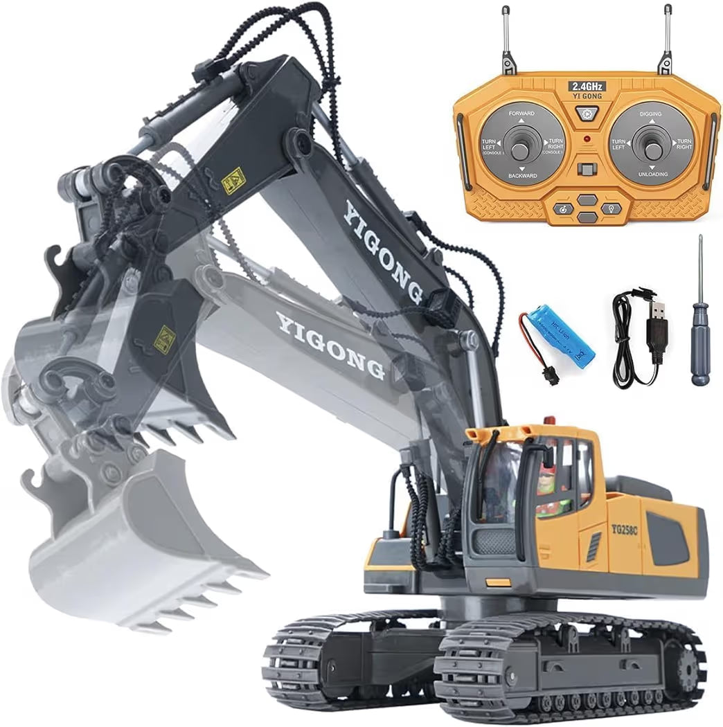 RC JCB Toy Excavator 11-Channel Metal Remote Control Construction Vehicle with Lights, Sounds & 680° Rotation Yellow Digger Truck