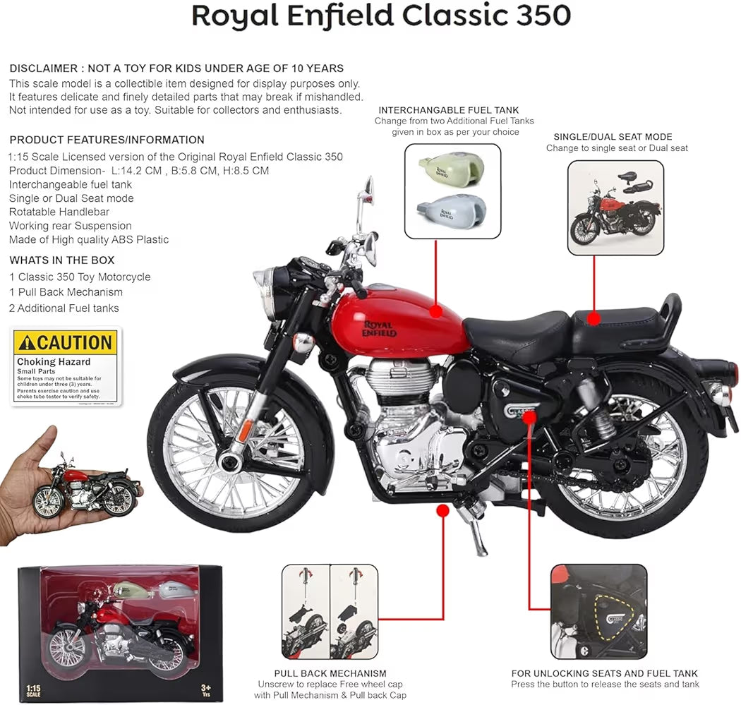 2026 Royal Enfield Classic 350 1:15 Scale Bullet Bike Toy Model with Pull Back Action |